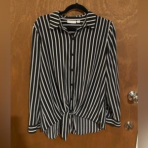 Black and White Striped Button Up with tie Bottom
